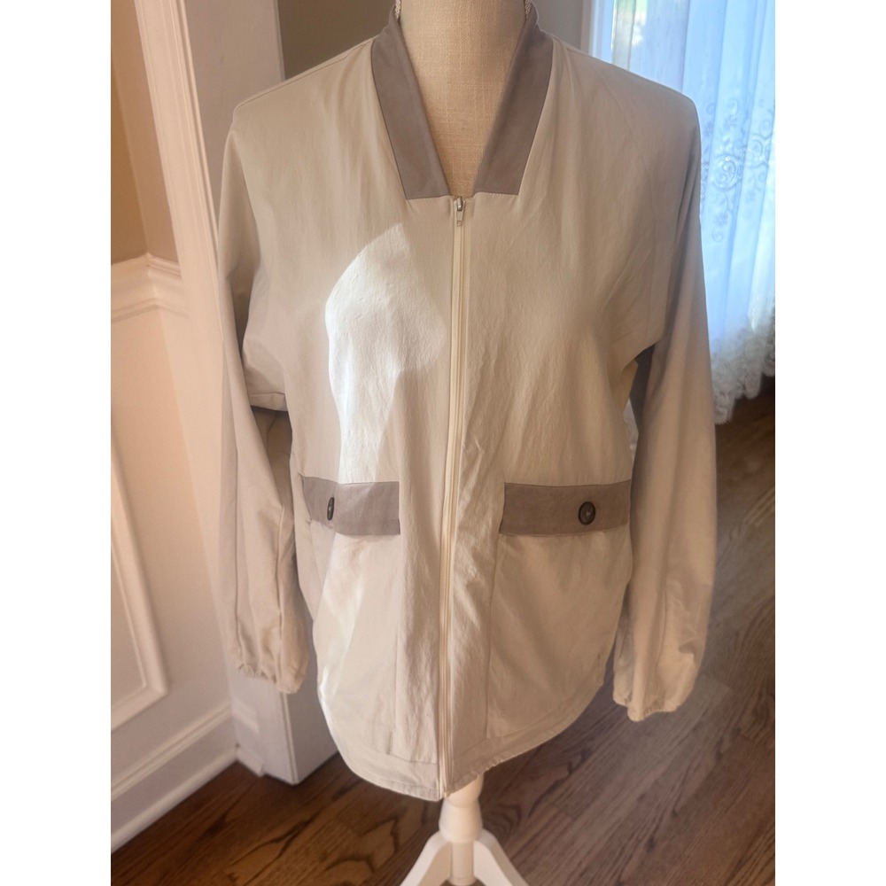 AWET Beige Zip Up Bomber Jacket Tan‎ Suede Trim Button Pockets size small